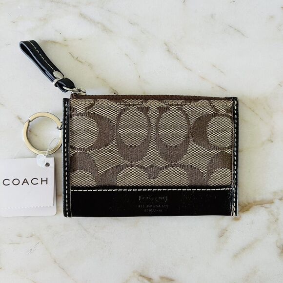 COACH Khaki Chestnut Signature Mini Skinny Cardholder Keychain Keyring Wallet - Picture 1 of 6